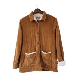 LL Bean Corduroy Saddle Brown Sherpa Lined Button Shacket Jacket Chore Womens S